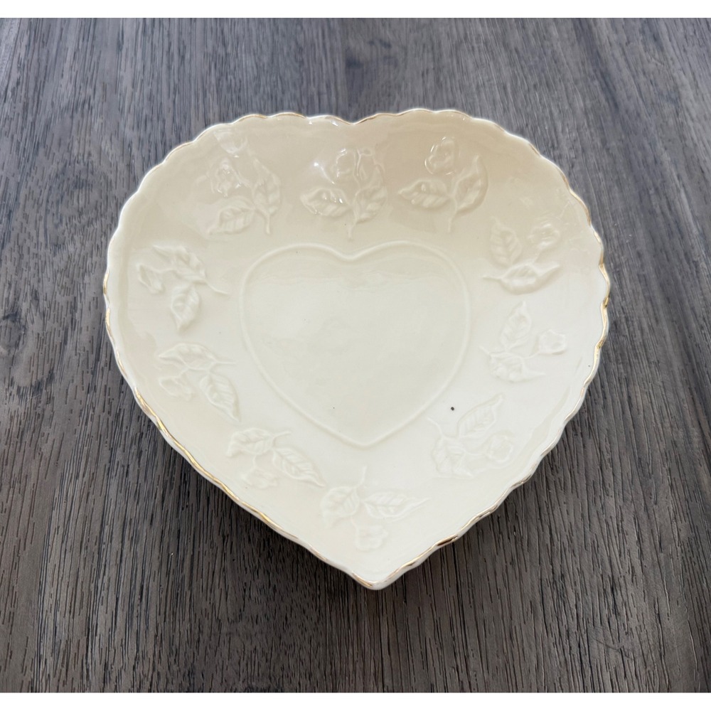 Cream Heart-Shaped Trinket Dish Embossed Roses Gold Trim Romantic Cottage Decor - Picture 2 of 10